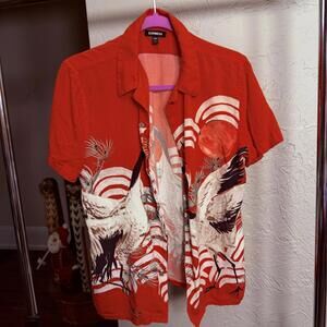 Express Red Rayon Hawaiian Style Short Sleeve Shirt with Crane Print